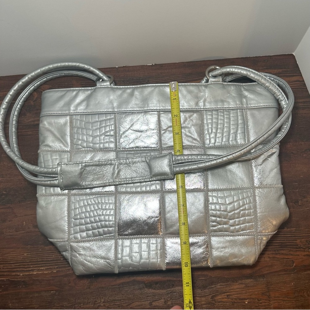 Silver Metallic Patchwork Leather Purse Two Handl… - image 6